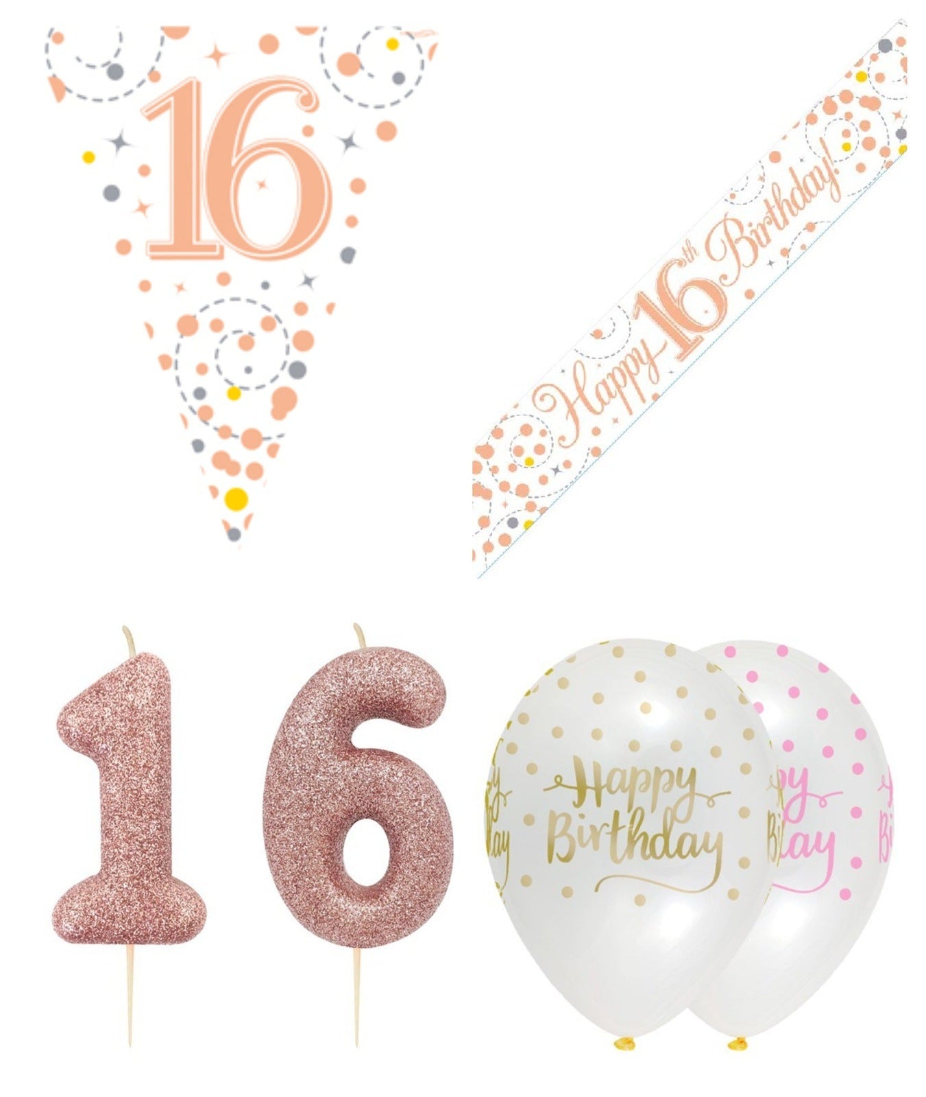 Rose Gold Bundle C Banner, Balloons, Candle, Bunting Ages 16 to 90