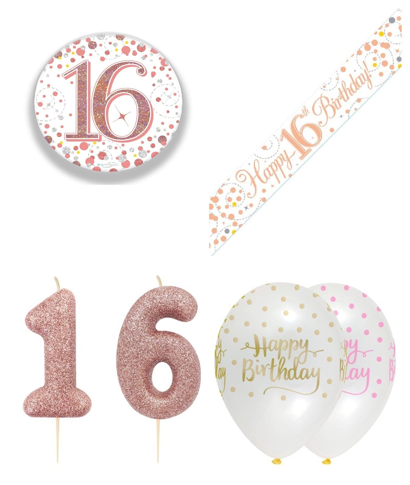 Rose Gold Bundle B Banner, Balloons, Candle, Badge Ages 16 to 90