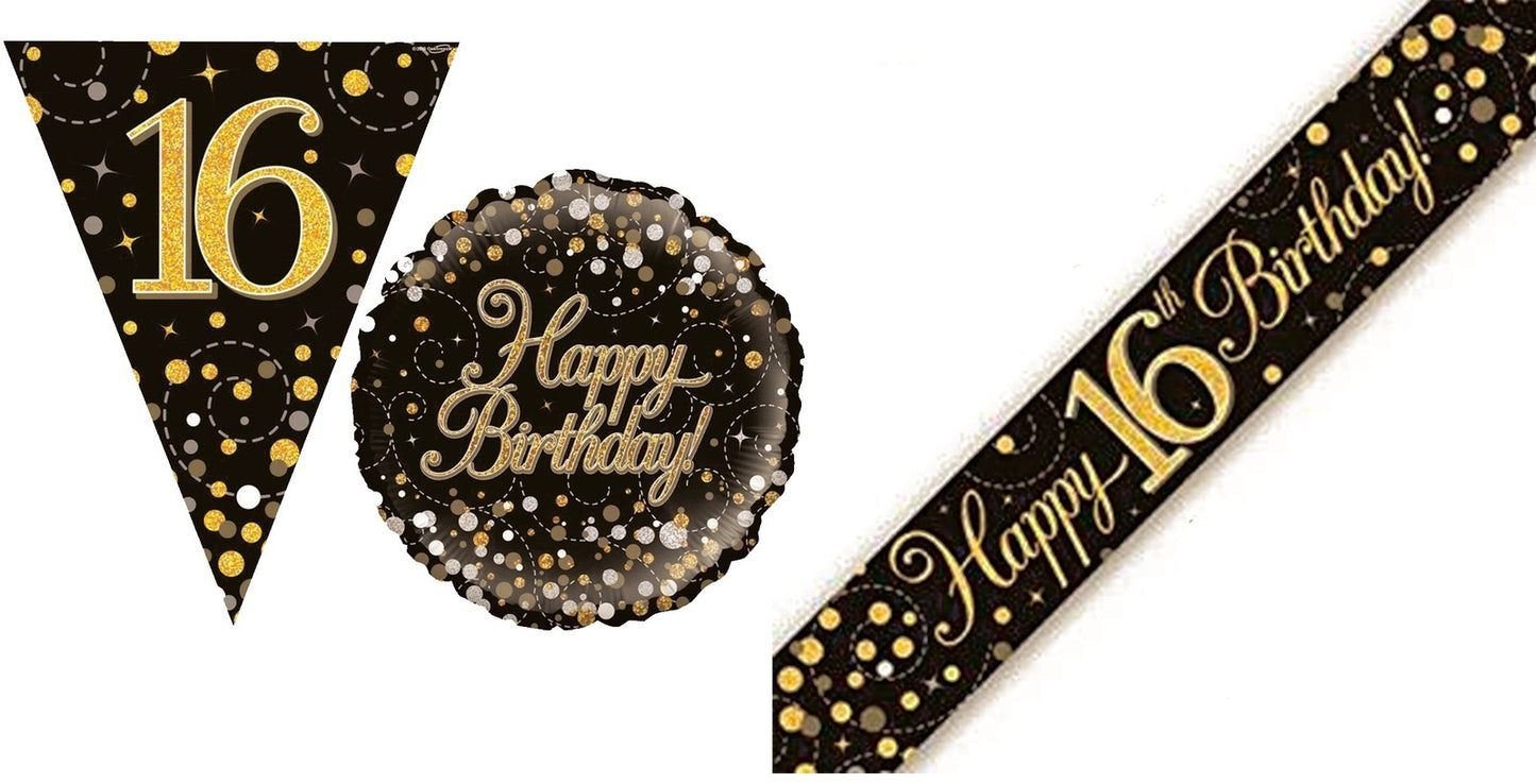 Black And Gold Bundle D Banner, Bunting, Foil Balloon Ages 16 to 90