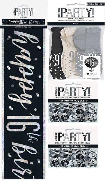 Black And Silver Bundle A Banner, Confetti, Balloons Ages 13 to 100