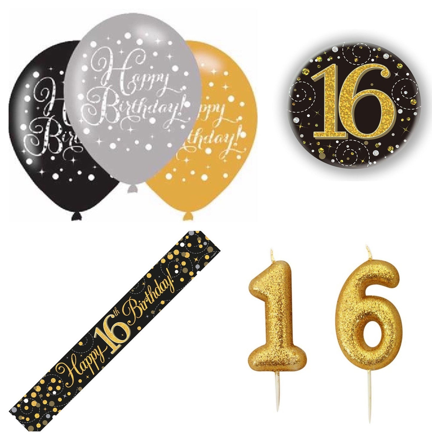 Black And Gold Bundle B Banner, Balloons, Candle, Badge Ages 16 to 100