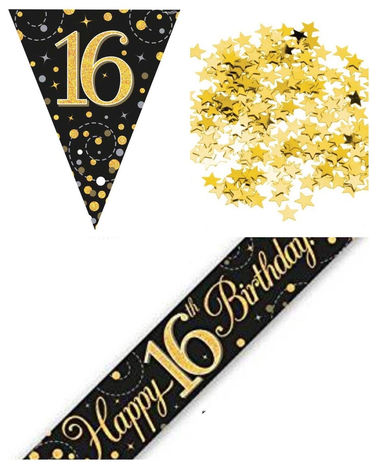 Black And Gold Bundle A Banner, Bunting, Confetti Ages 16 to 90