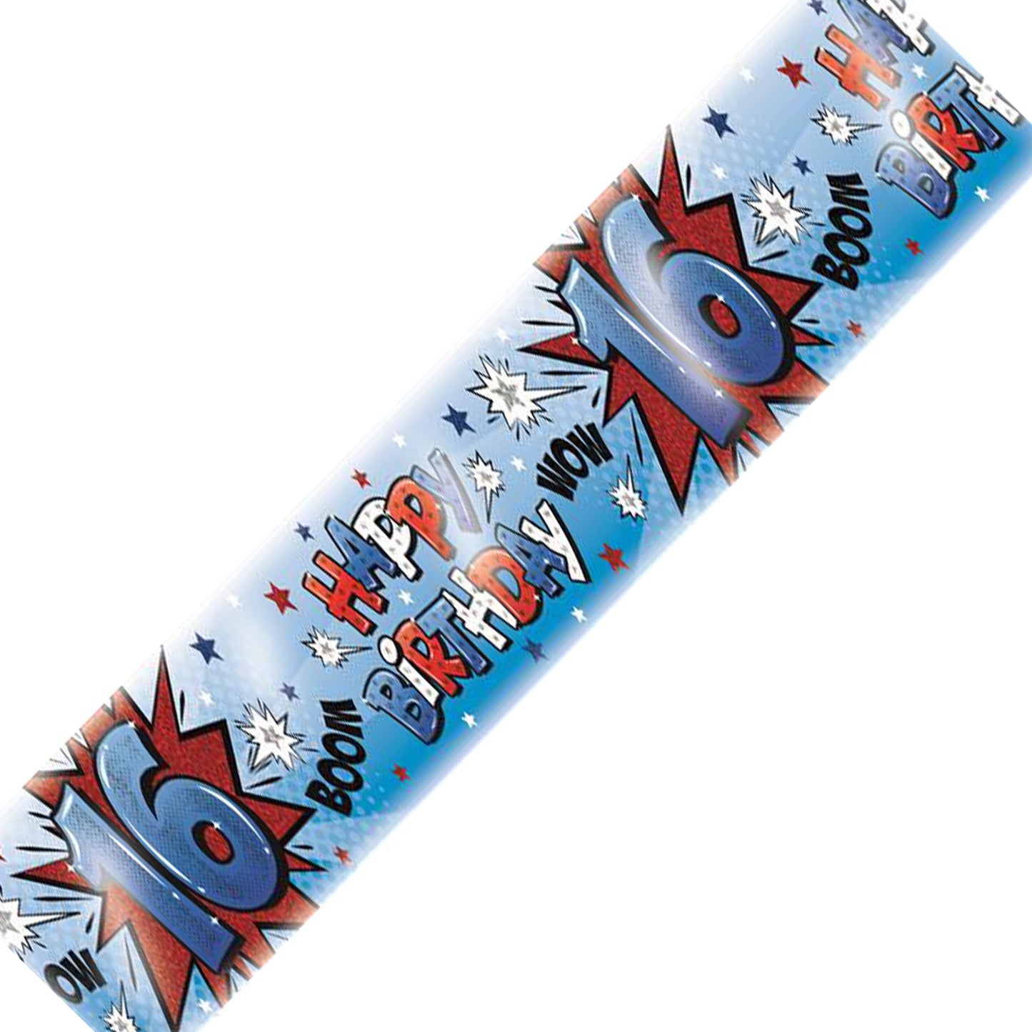 Age 16 Birthday Banner Blue And Silver Holographic Recyclable Comic Book 16th Birthday Party Banner