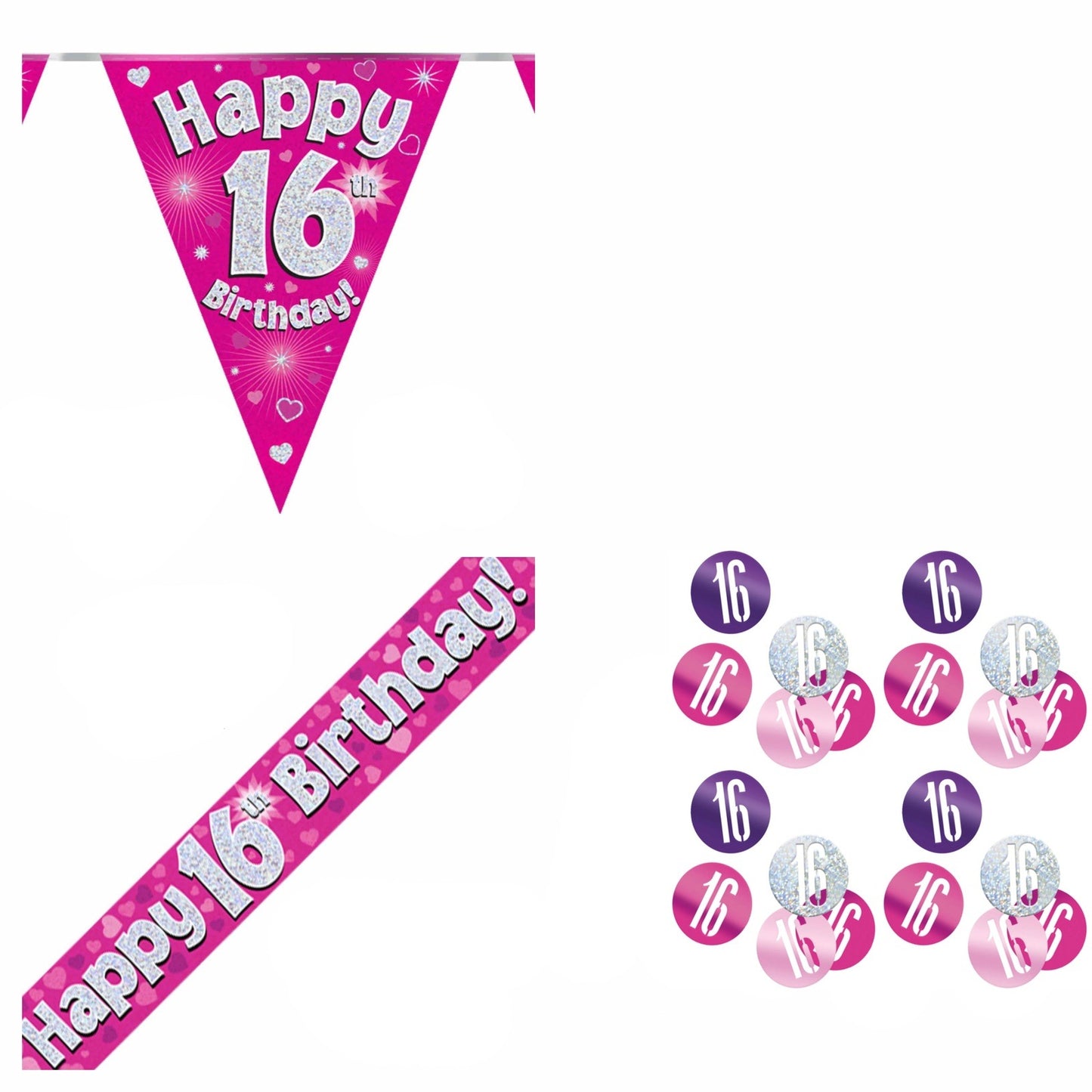 Pink Hearts Bundle A Banner, Bunting, Confetti Ages 1 to 90