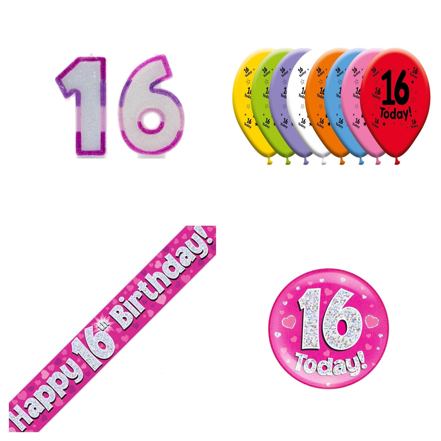Pink Hearts Bundle B Banner, Balloons, Candle, Badge Ages 1 to 90