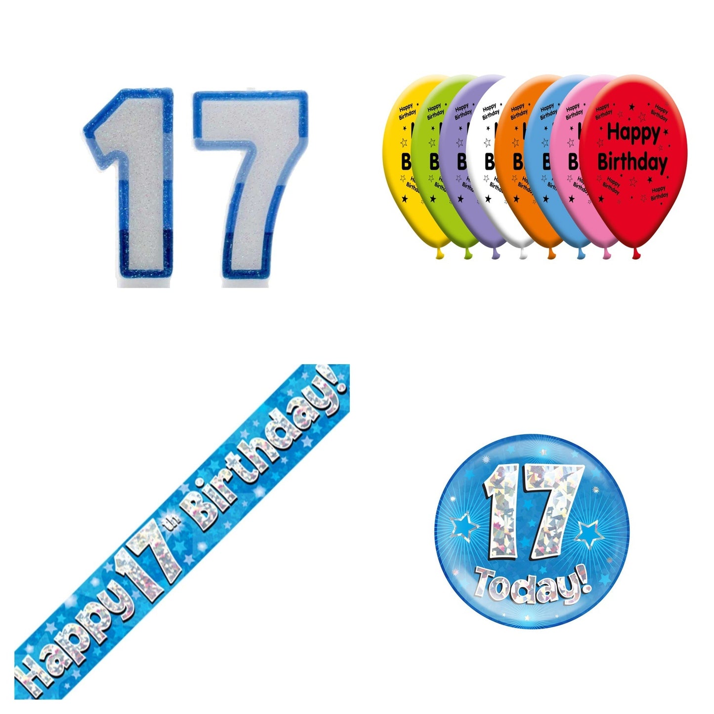 Blue Stars Bundle B Banner, Balloons, Candle, Badge Ages 1 to 90