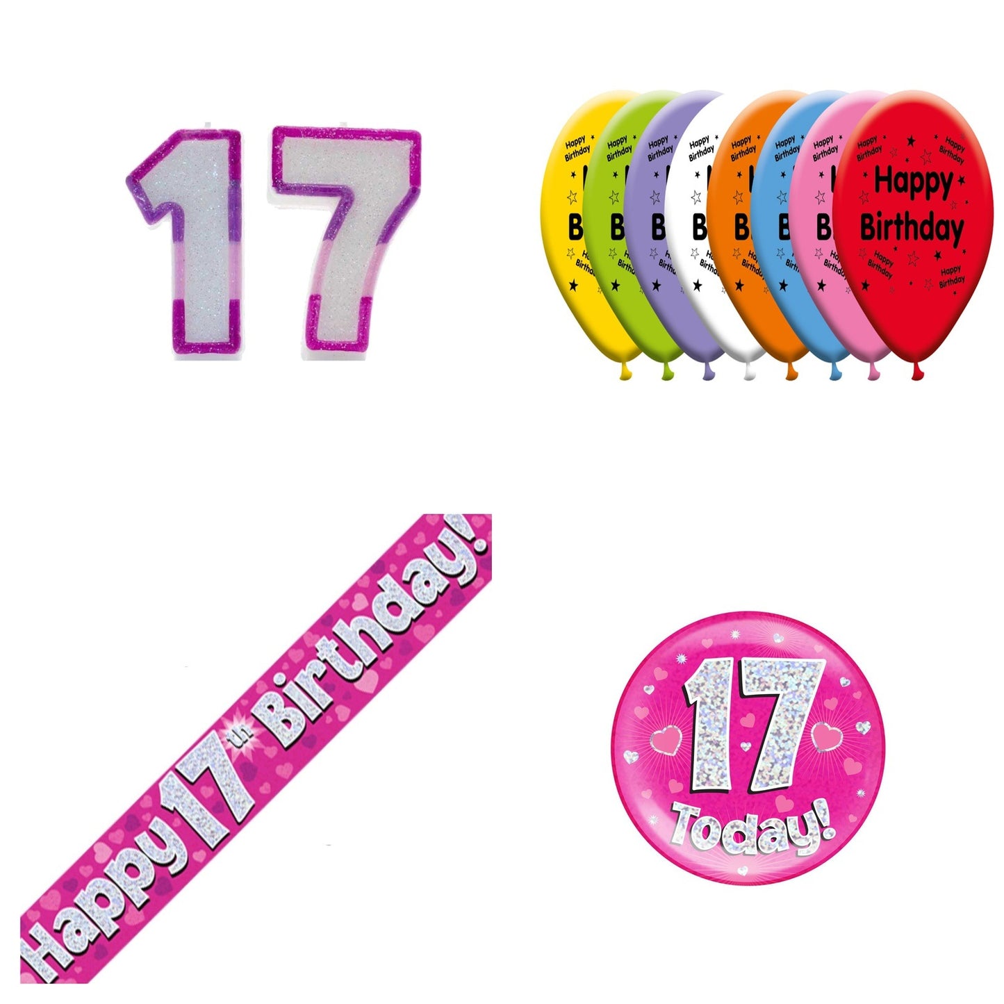 Pink Hearts Bundle B Banner, Balloons, Candle, Badge Ages 1 to 90