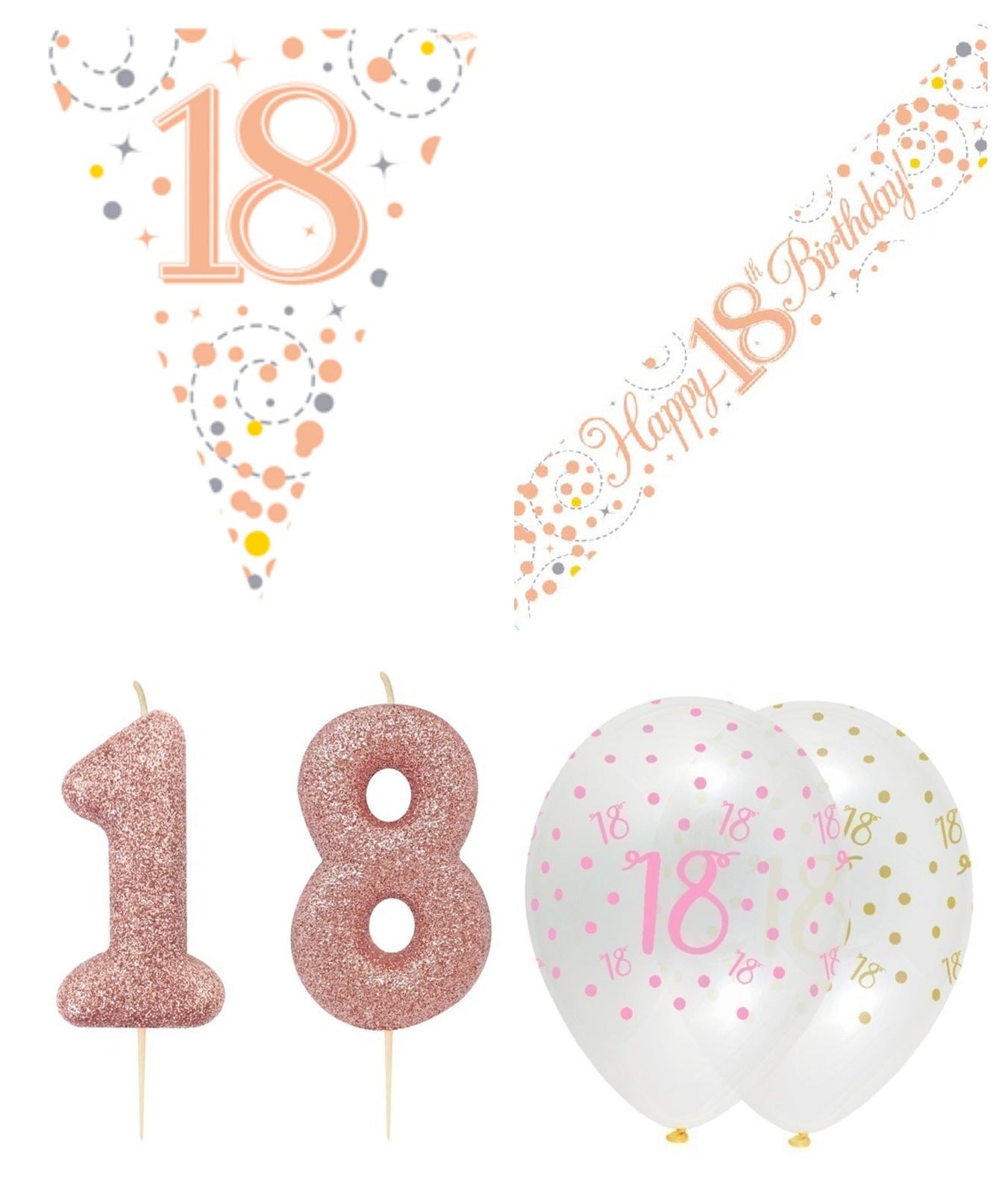 Rose Gold Bundle C Banner, Balloons, Candle, Bunting Ages 16 to 90