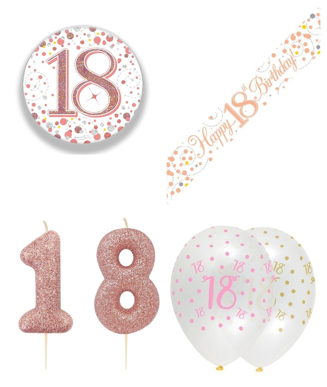 Rose Gold Bundle B Banner, Balloons, Candle, Badge Ages 16 to 90