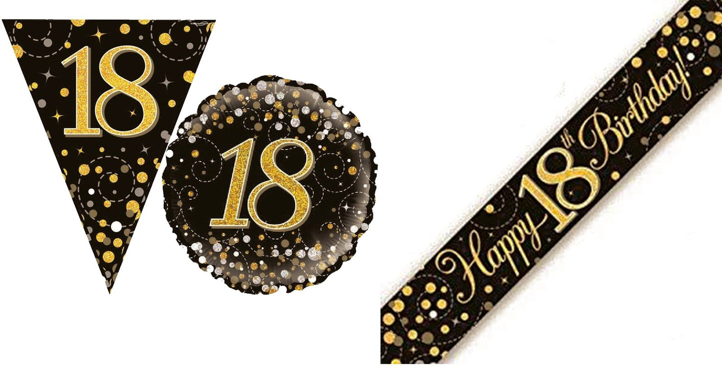 Black And Gold Bundle D Banner, Bunting, Foil Balloon Ages 16 to 90