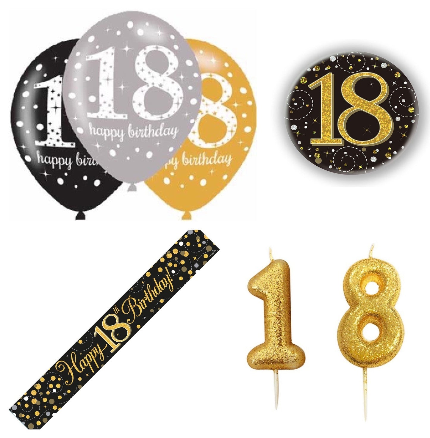 Black And Gold Bundle B Banner, Balloons, Candle, Badge Ages 16 to 100
