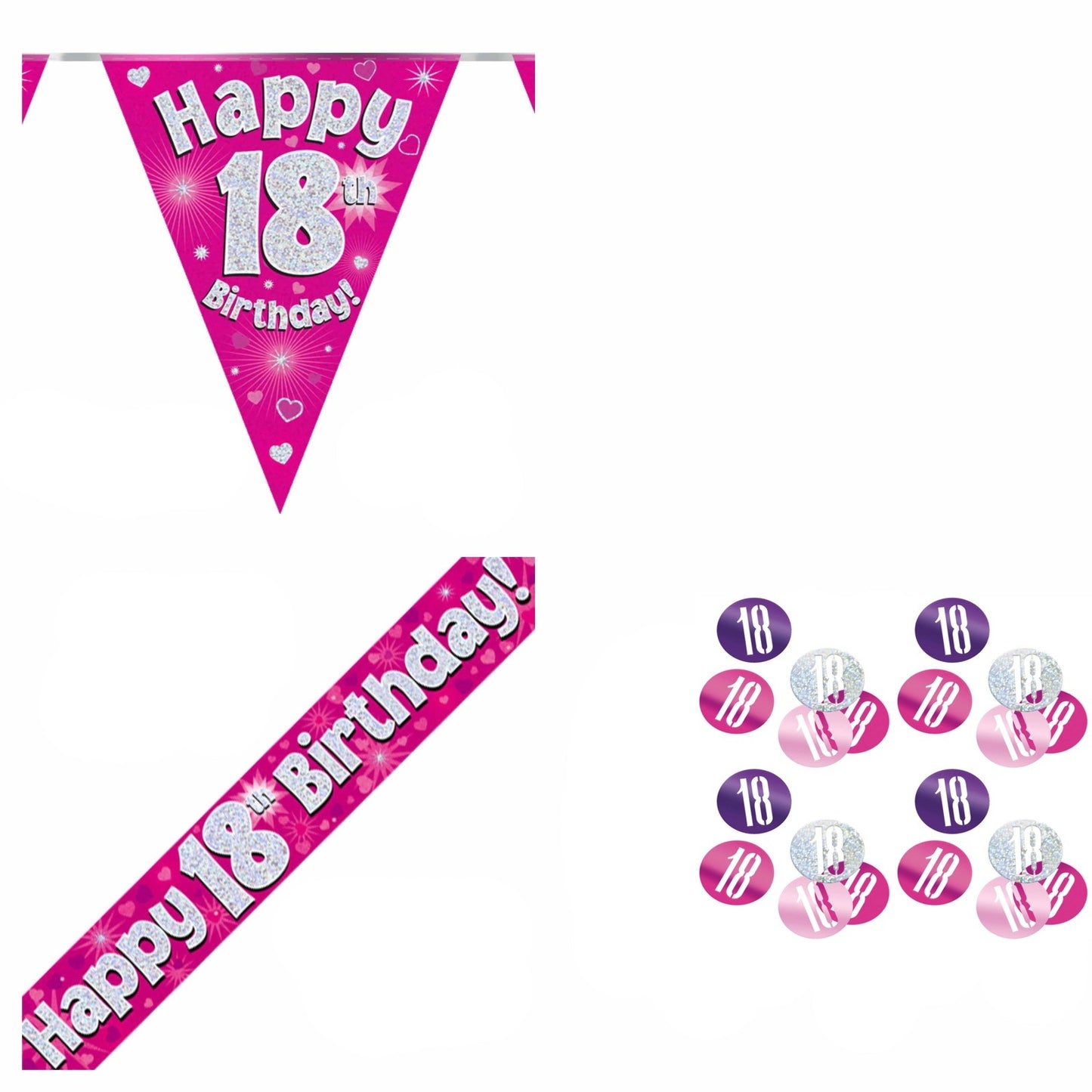 Pink Hearts Bundle A Banner, Bunting, Confetti Ages 1 to 90