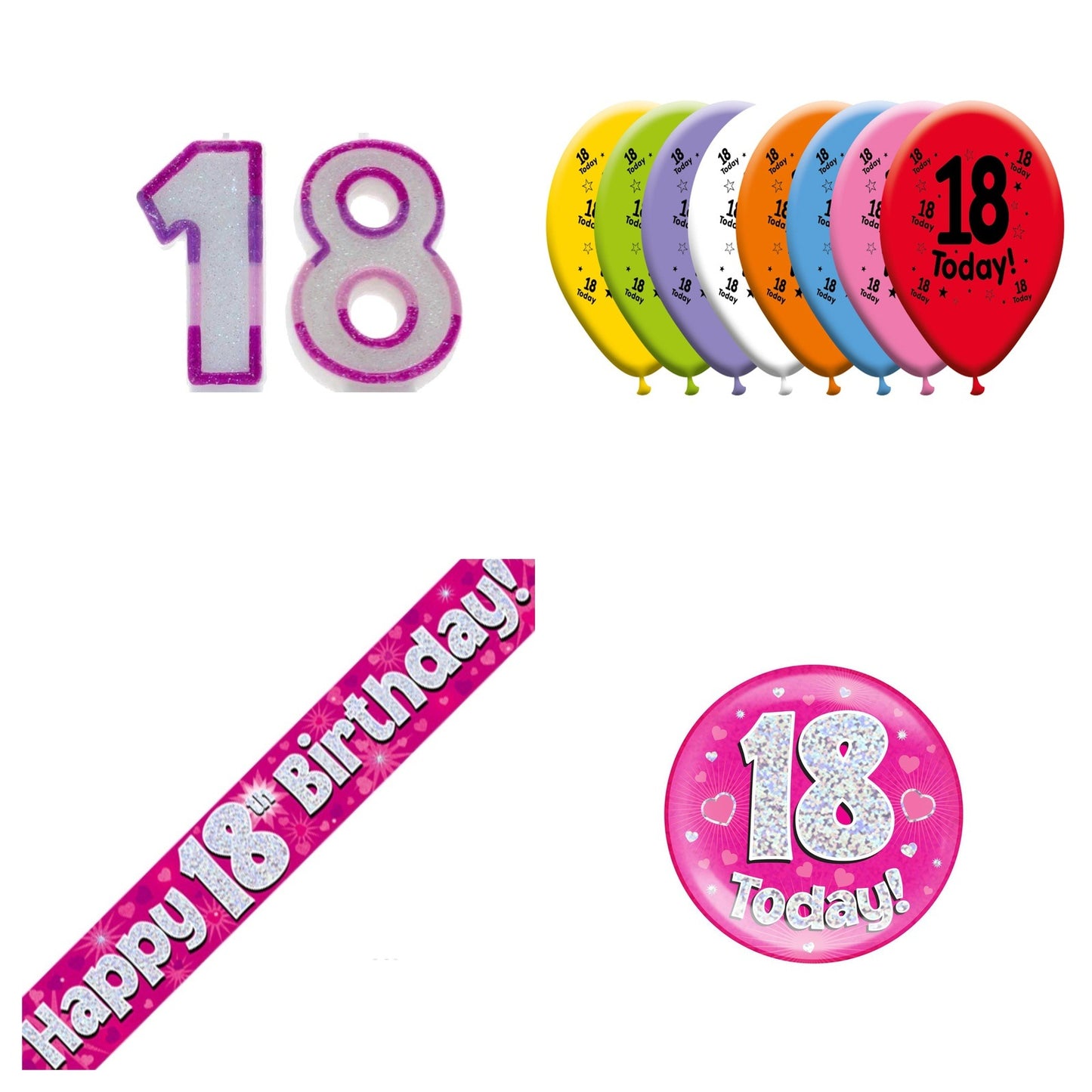 Pink Hearts Bundle B Banner, Balloons, Candle, Badge Ages 1 to 90