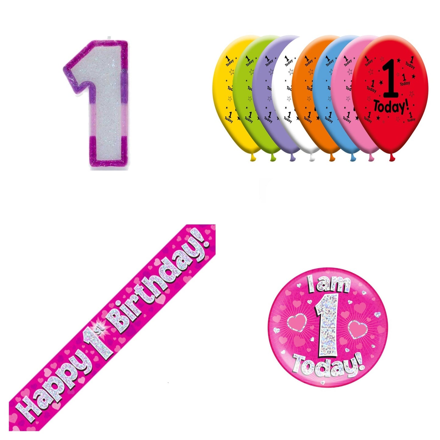 Pink Hearts Bundle B Banner, Balloons, Candle, Badge Ages 1 to 90