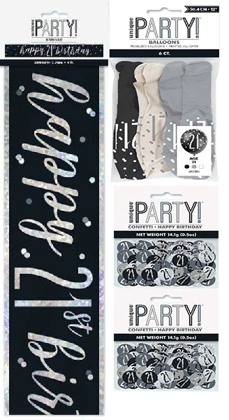 Black And Silver Bundle A Banner, Confetti, Balloons Ages 13 to 100