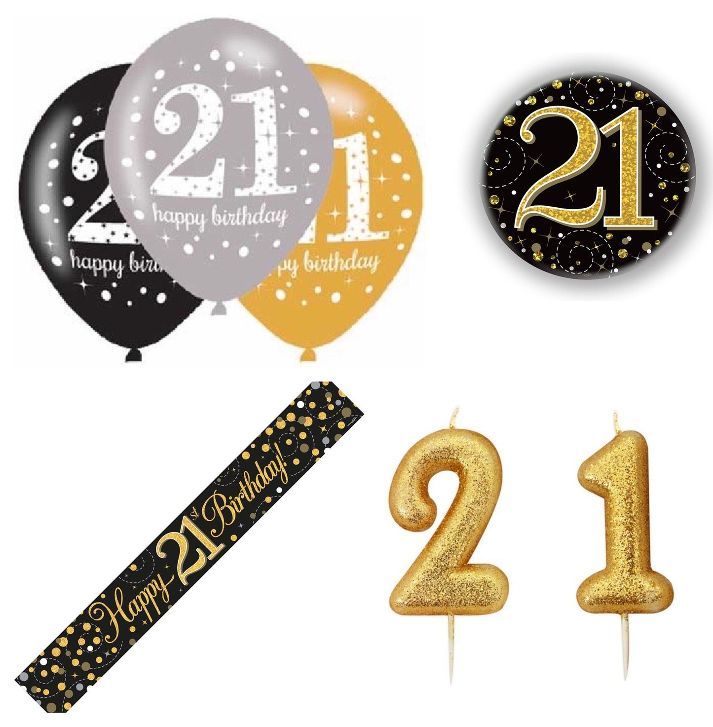 Black And Gold Bundle B Banner, Balloons, Candle, Badge Ages 16 to 100