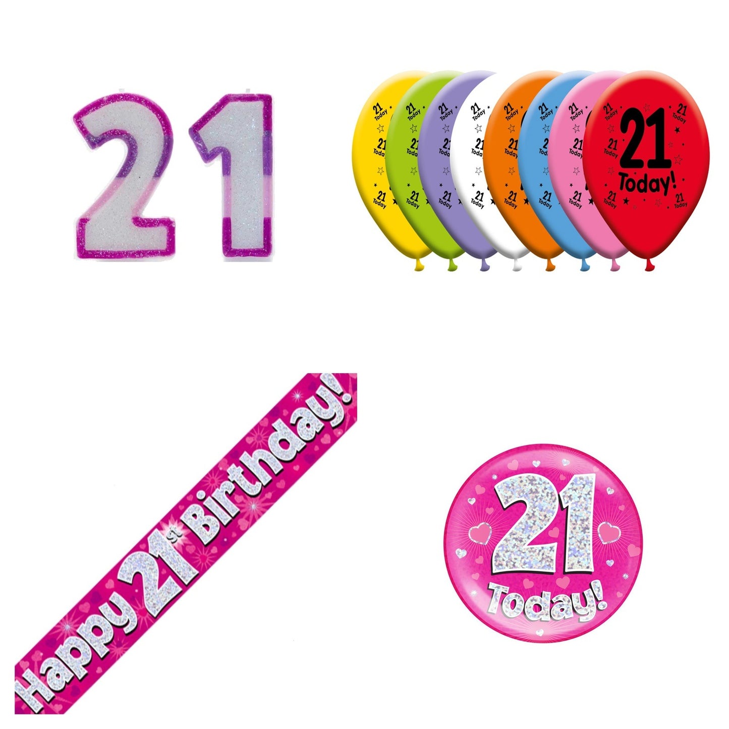 Pink Hearts Bundle B Banner, Balloons, Candle, Badge Ages 1 to 90