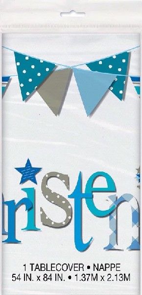 Blue Bunting Christening Rectangular Plastic Table Cover, 54" x 84"