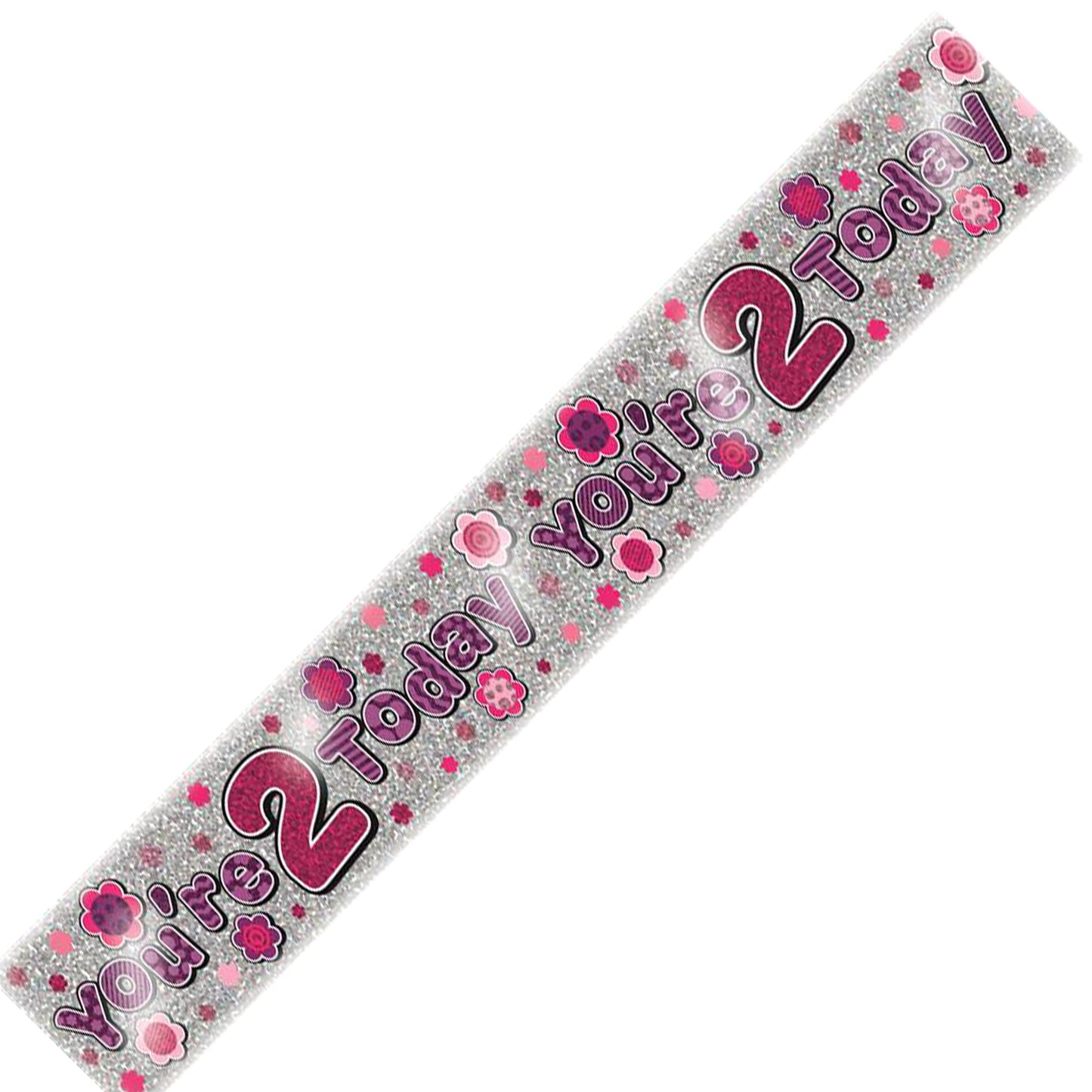 Age 2 Birthday Banner Pink, Purple And Silver Holographic Recyclable 2nd Birthday Party Banner