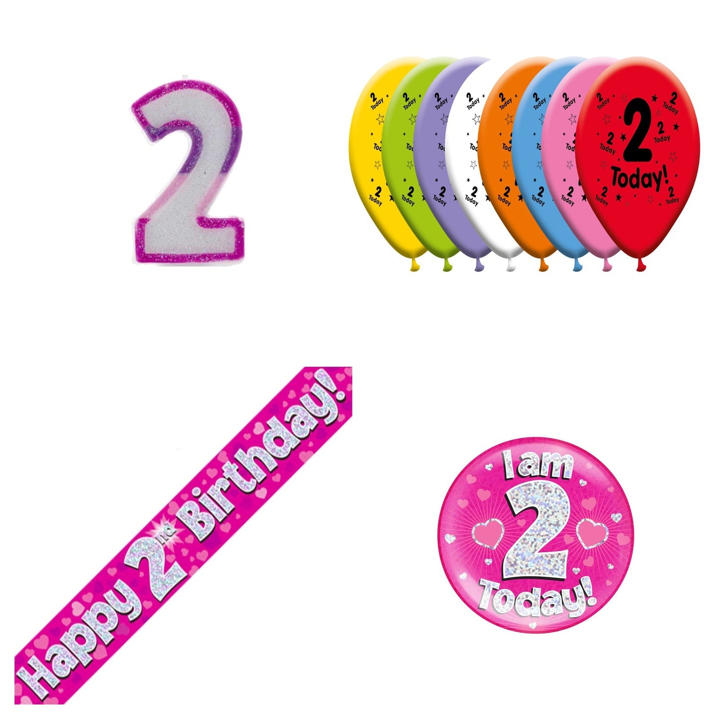 Pink Hearts Bundle B Banner, Balloons, Candle, Badge Ages 1 to 90
