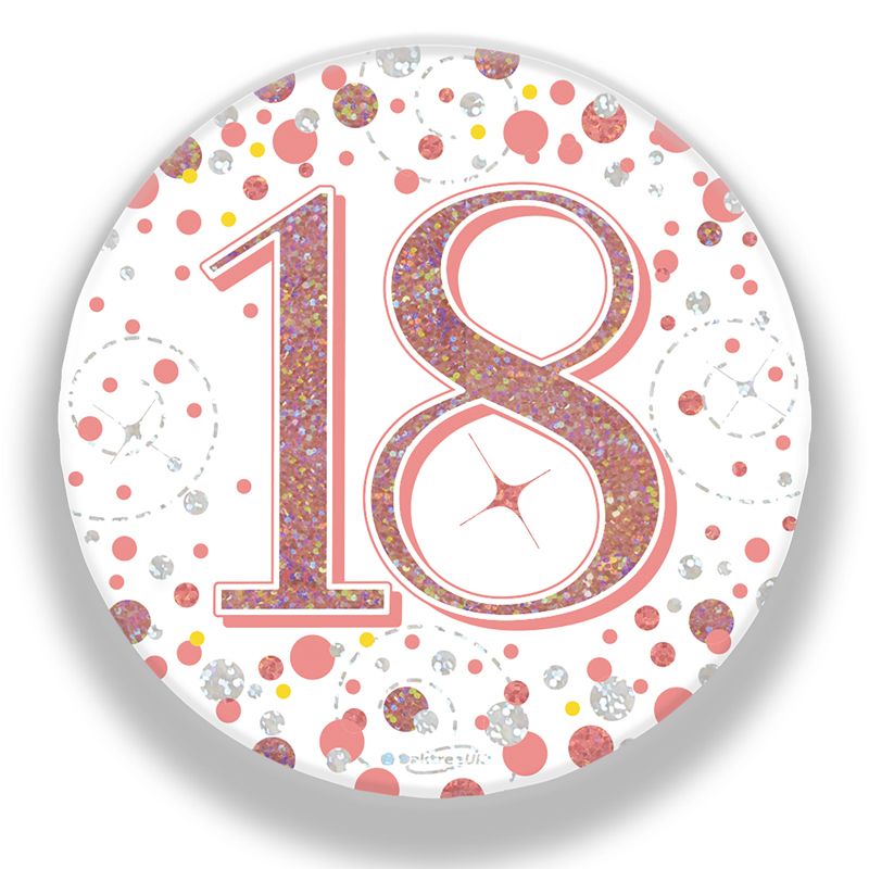 Oaktree 3" Badge 18th Birthday Sparkling Fizz Rose Gold Holographic