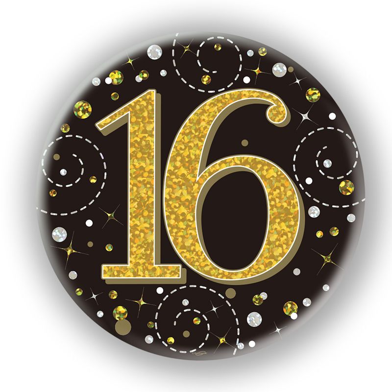 Oaktree 3" Badge 16th Birthday Sparkling Fizz Black Gold Holographic