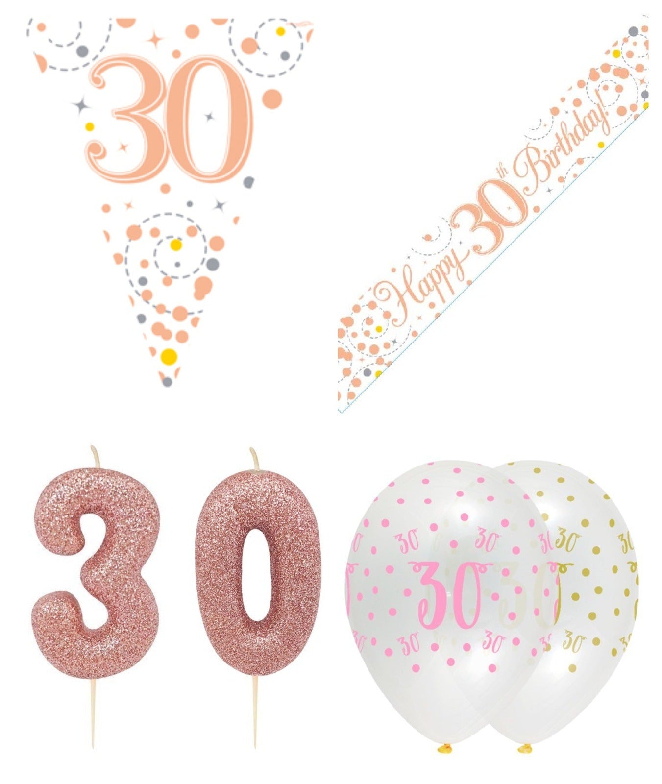 Rose Gold Bundle C Banner, Balloons, Candle, Bunting Ages 16 to 90