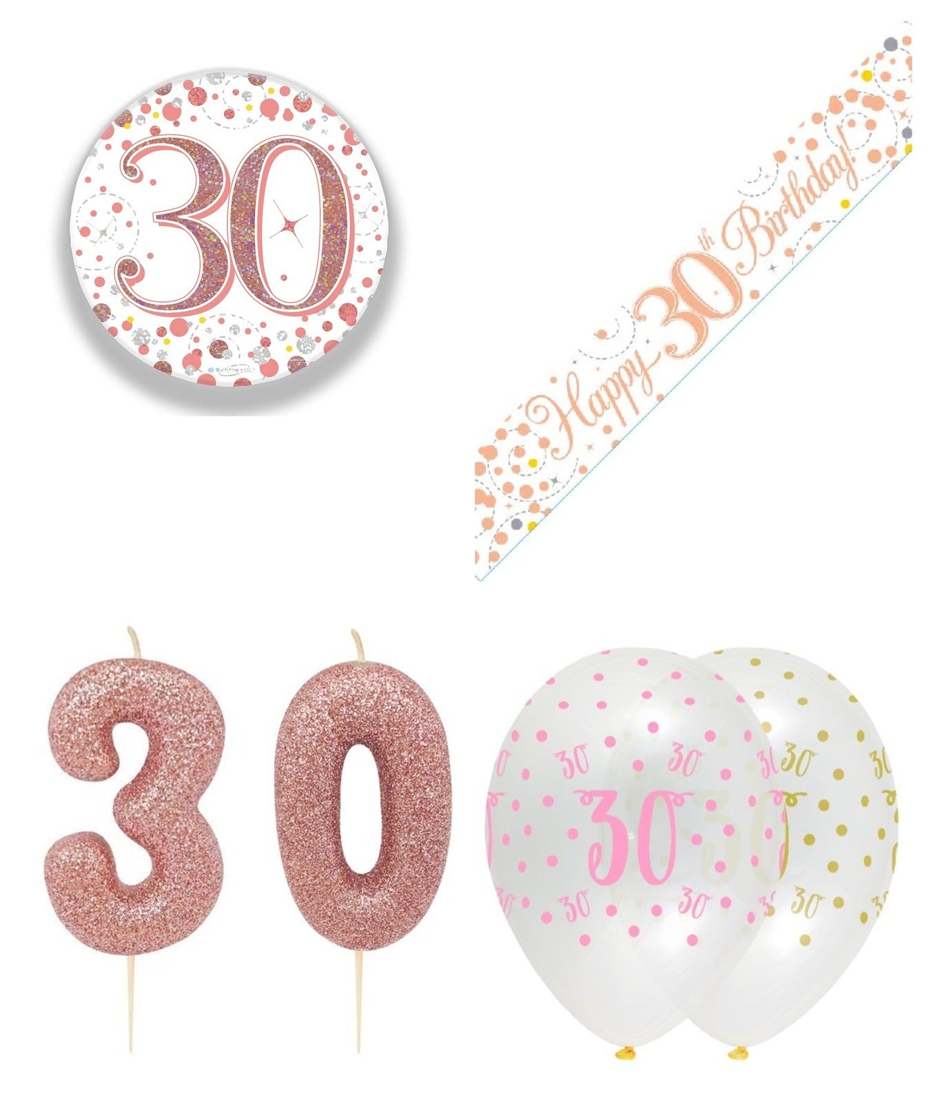 Rose Gold Bundle B Banner, Balloons, Candle, Badge Ages 16 to 90