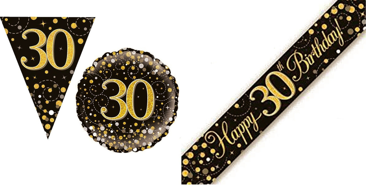 Black And Gold Bundle D Banner, Bunting, Foil Balloon Ages 16 to 90