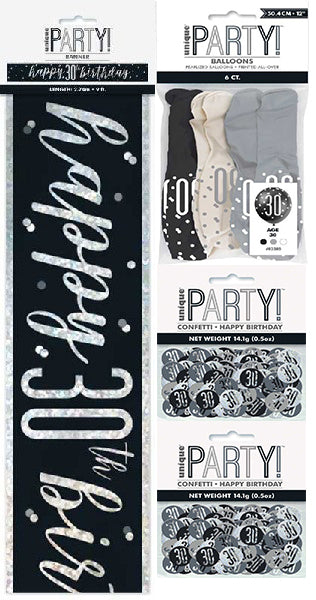 Black And Silver Bundle A Banner, Confetti, Balloons Ages 13 to 100