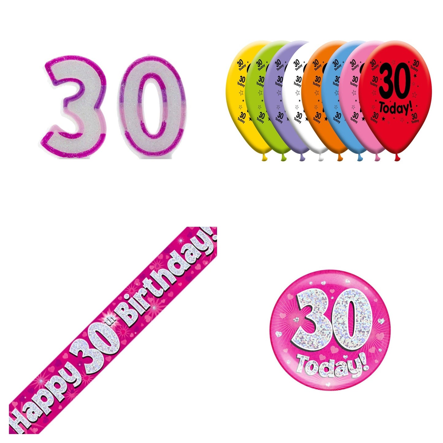 Pink Hearts Bundle B Banner, Balloons, Candle, Badge Ages 1 to 90