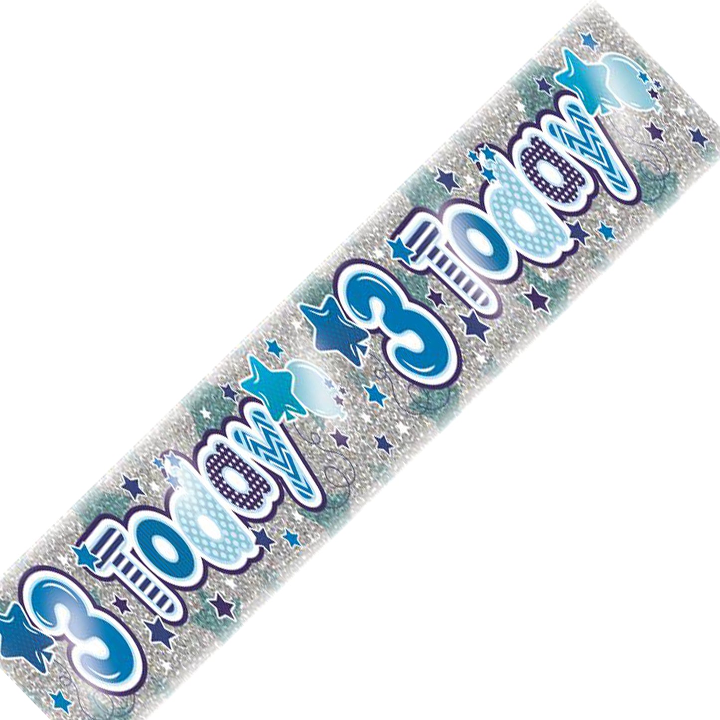 Age 3 Birthday Banner Blue, Red, Green And Silver Holographic Recyclable 3rd Birthday Party Banner