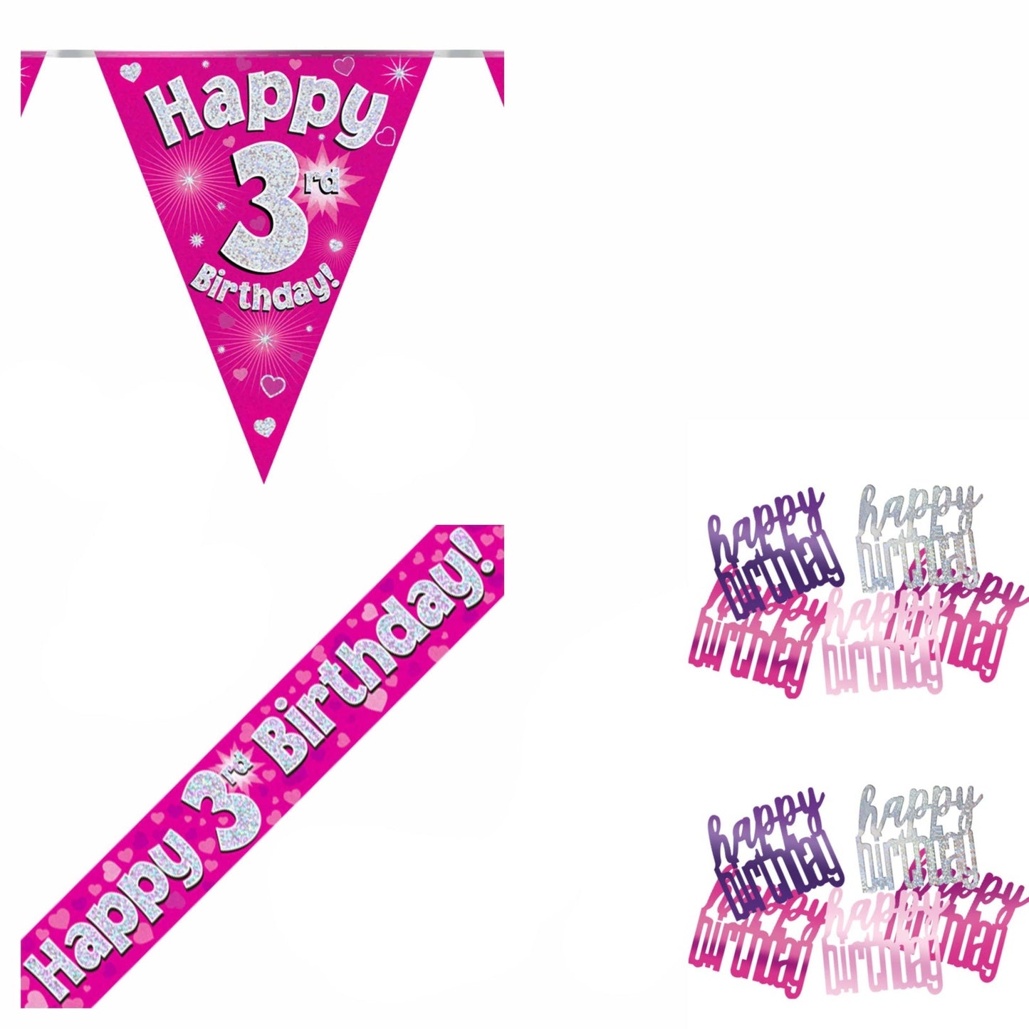 Pink Hearts Bundle A Banner, Bunting, Confetti Ages 1 to 90