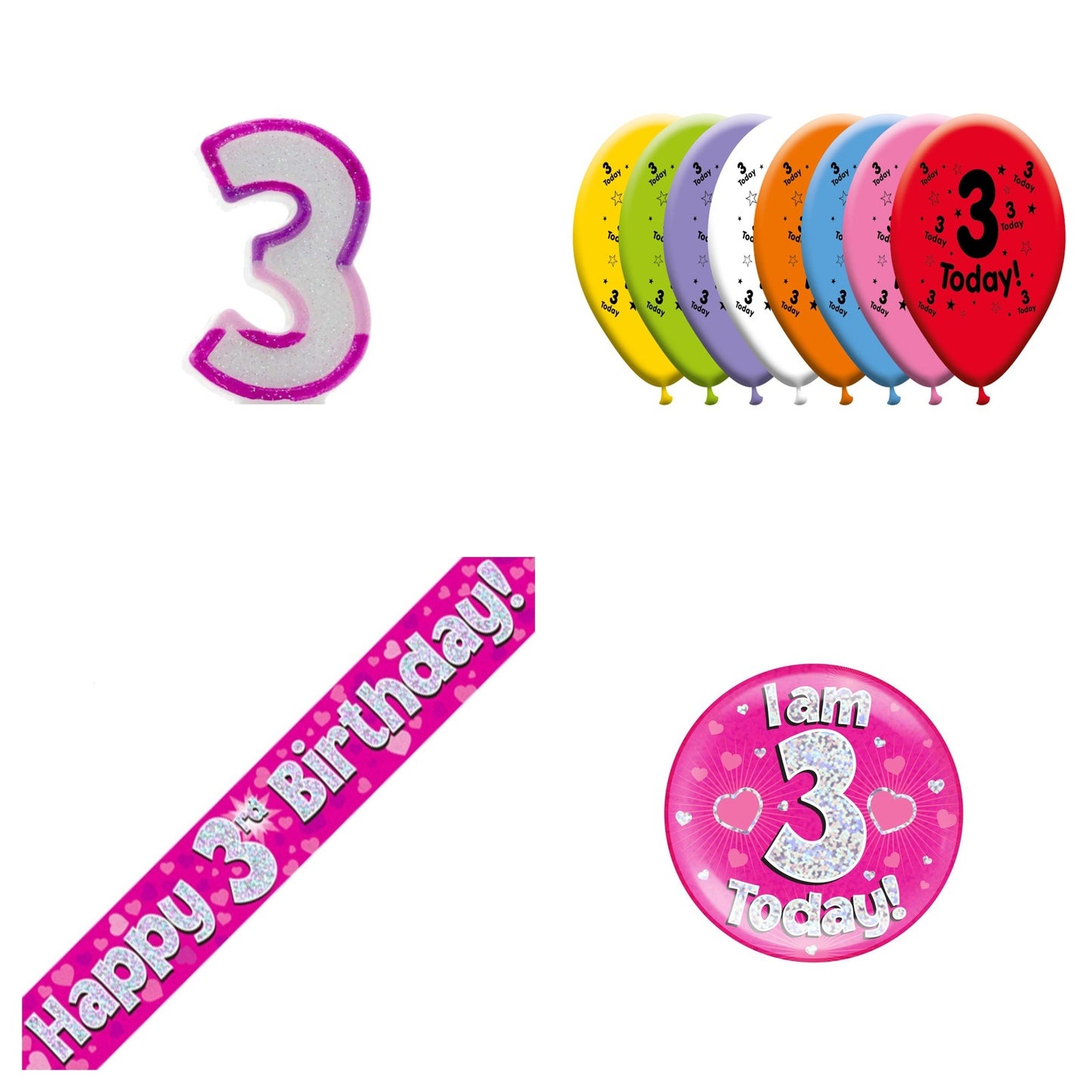 Pink Hearts Bundle B Banner, Balloons, Candle, Badge Ages 1 to 90