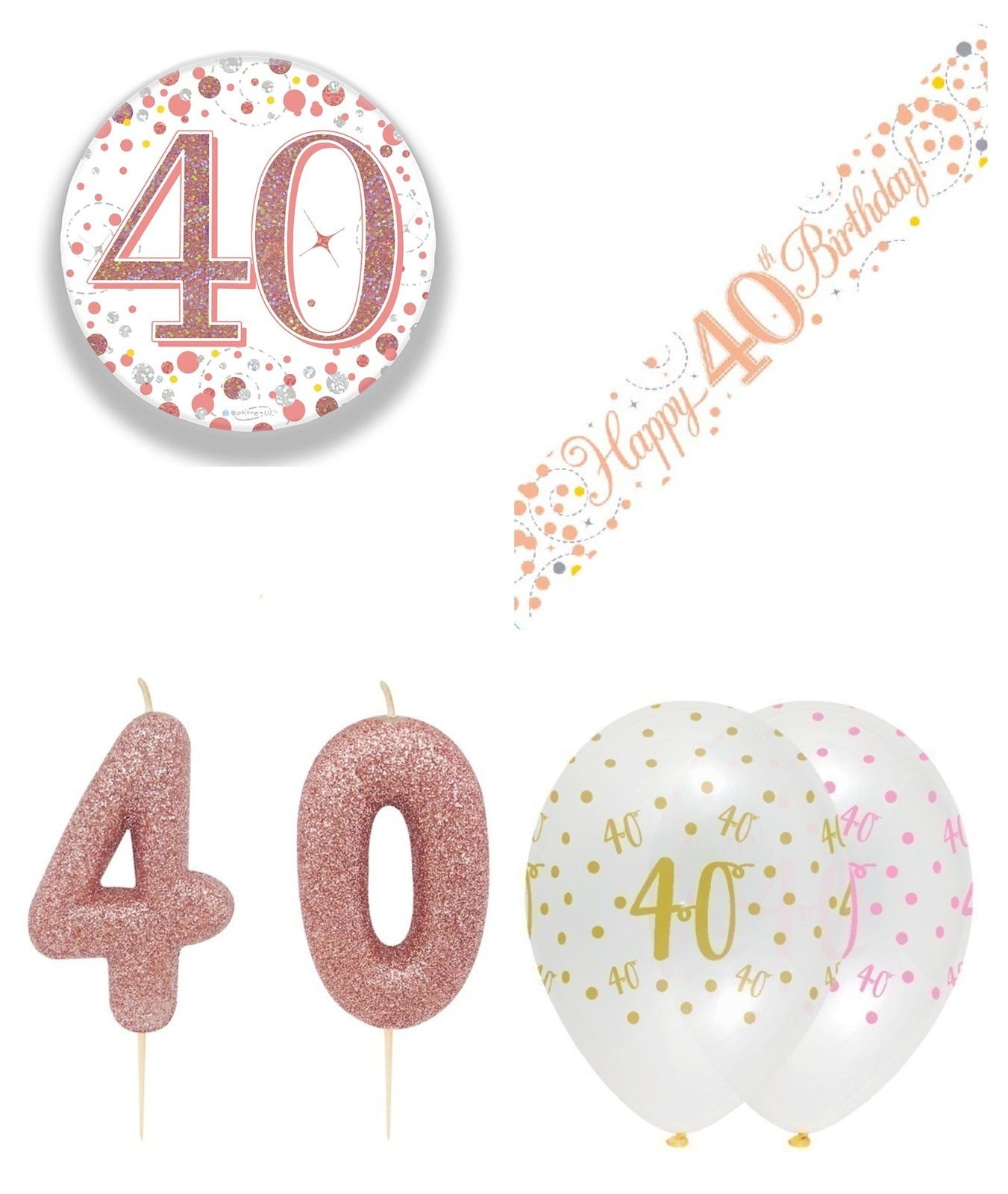 Rose Gold Bundle B Banner, Balloons, Candle, Badge Ages 16 to 90