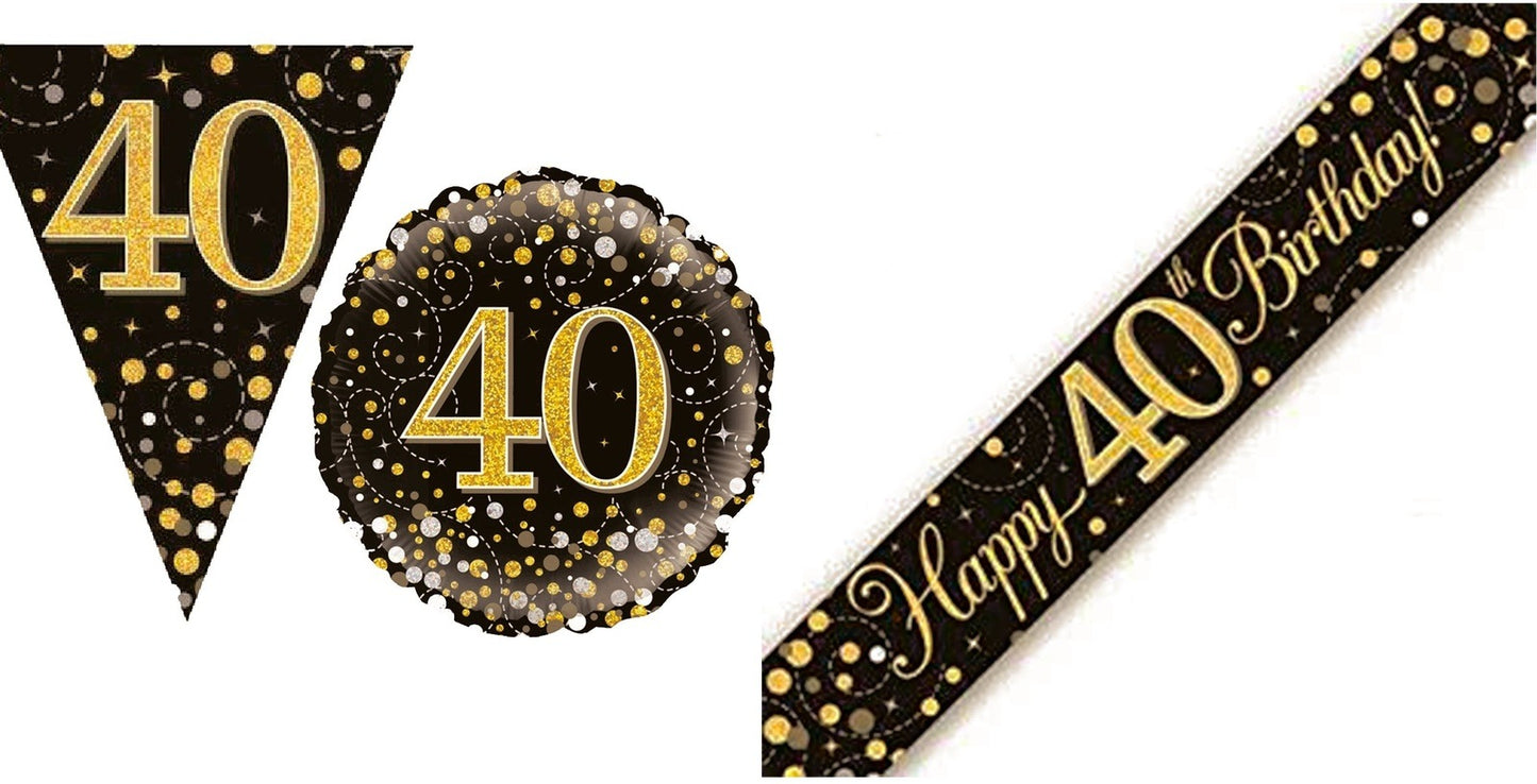 Black And Gold Bundle D Banner, Bunting, Foil Balloon Ages 16 to 90