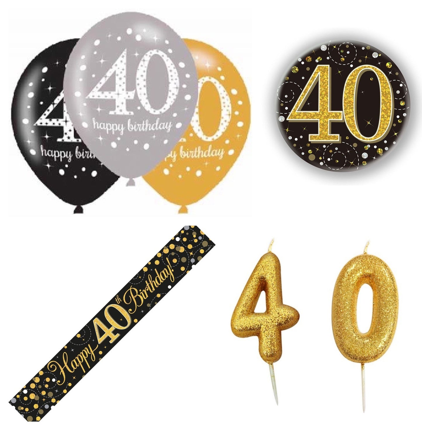 Black And Gold Bundle B Banner, Balloons, Candle, Badge Ages 16 to 100
