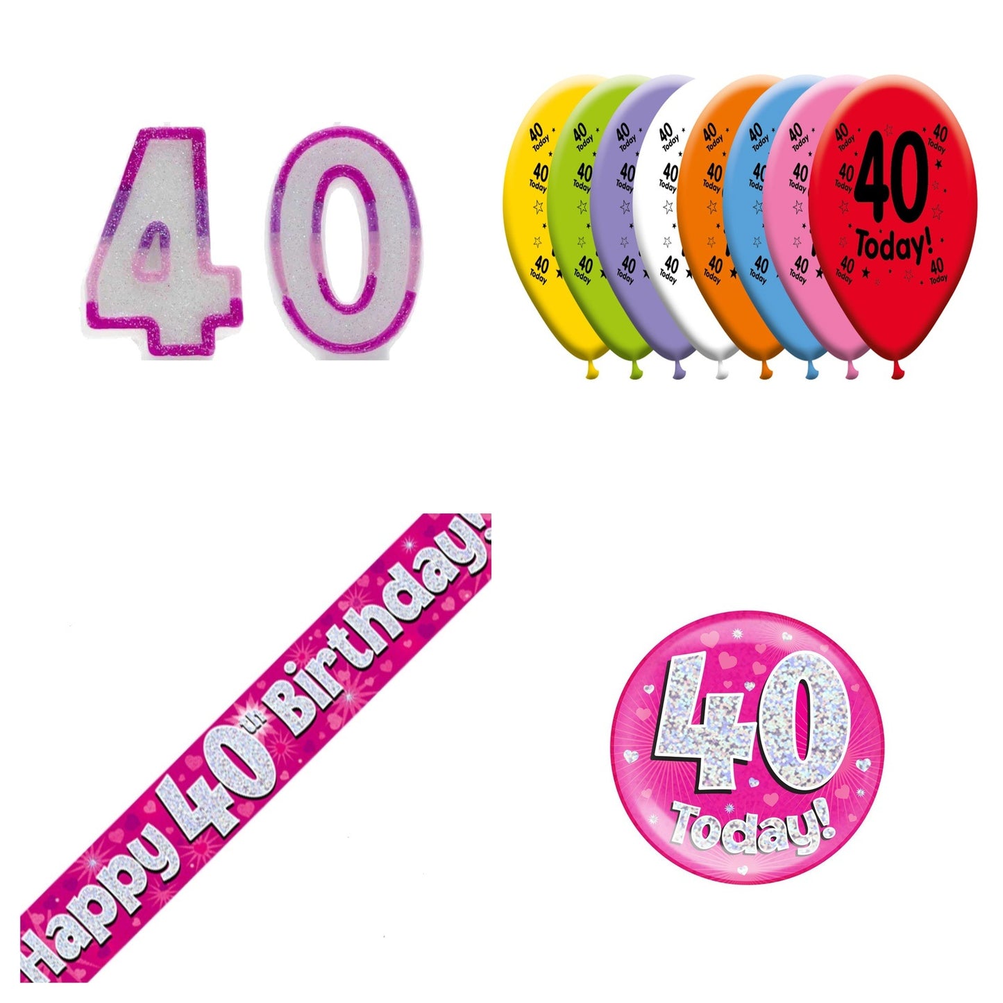 Pink Hearts Bundle B Banner, Balloons, Candle, Badge Ages 1 to 90