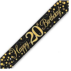 9ft Banner Sparkling Fizz 20th Birthday Black & Gold Holographic