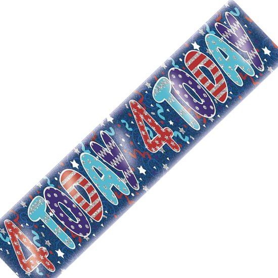 Age 4 Birthday Banner Blue And Silver Holographic Recyclable 4th Birthday Party Banner