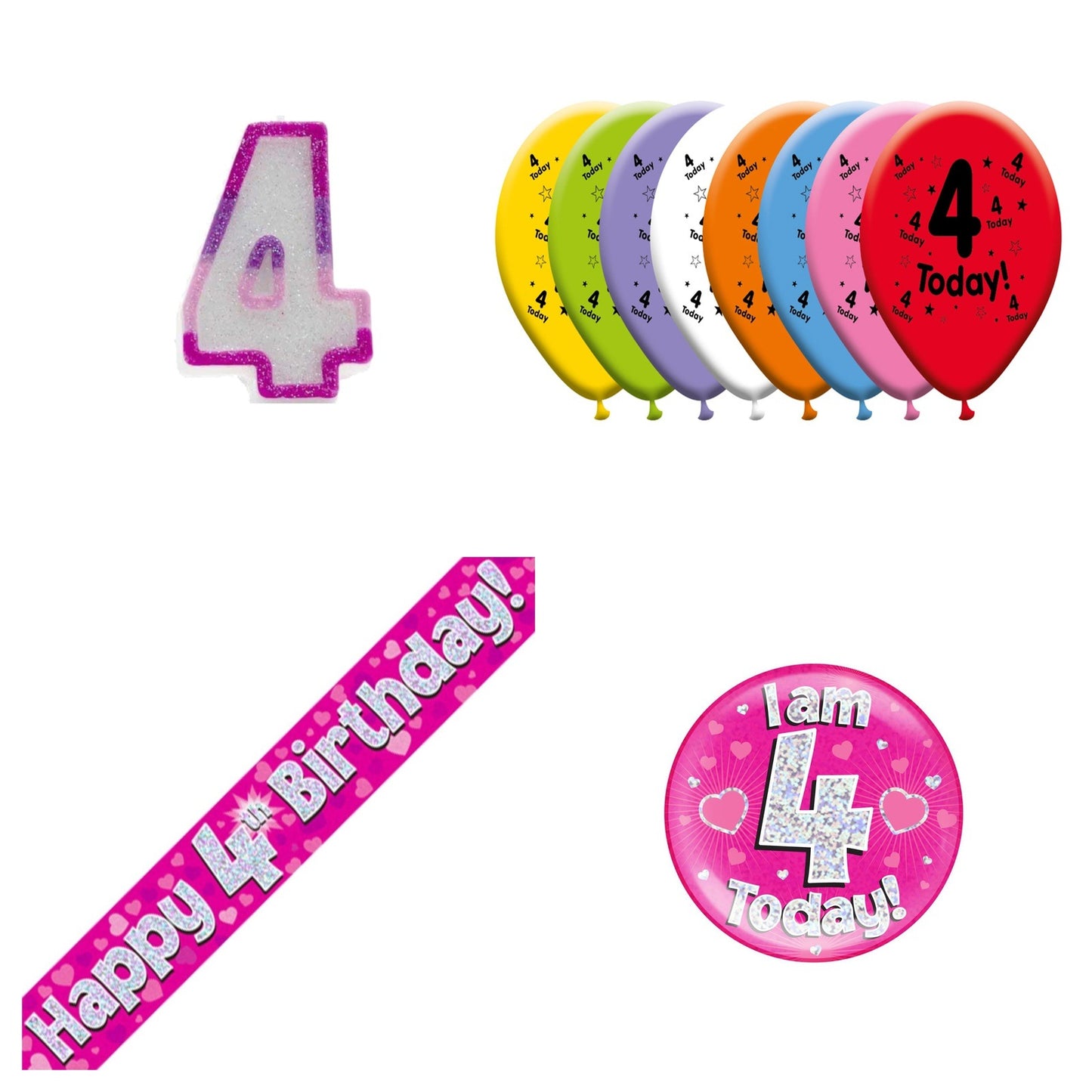 Pink Hearts Bundle B Banner, Balloons, Candle, Badge Ages 1 to 90