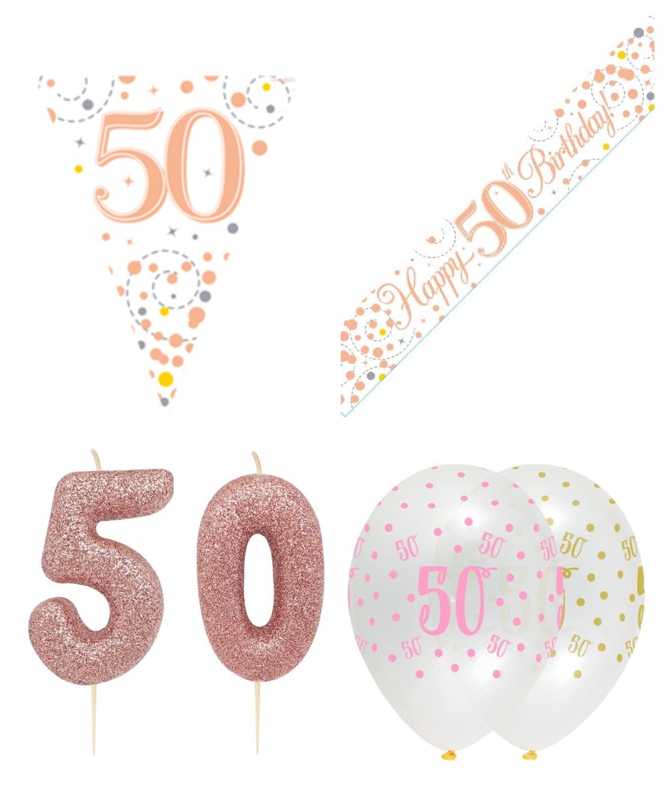 Rose Gold Bundle C Banner, Balloons, Candle, Bunting Ages 16 to 90