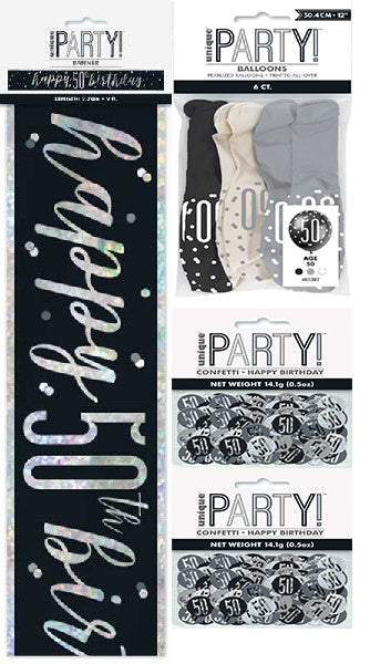 Black And Silver Bundle A Banner, Confetti, Balloons Ages 13 to 100