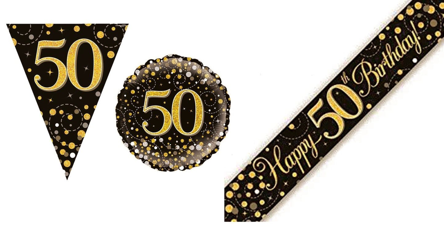 Black And Gold Bundle D Banner, Bunting, Foil Balloon Ages 16 to 90