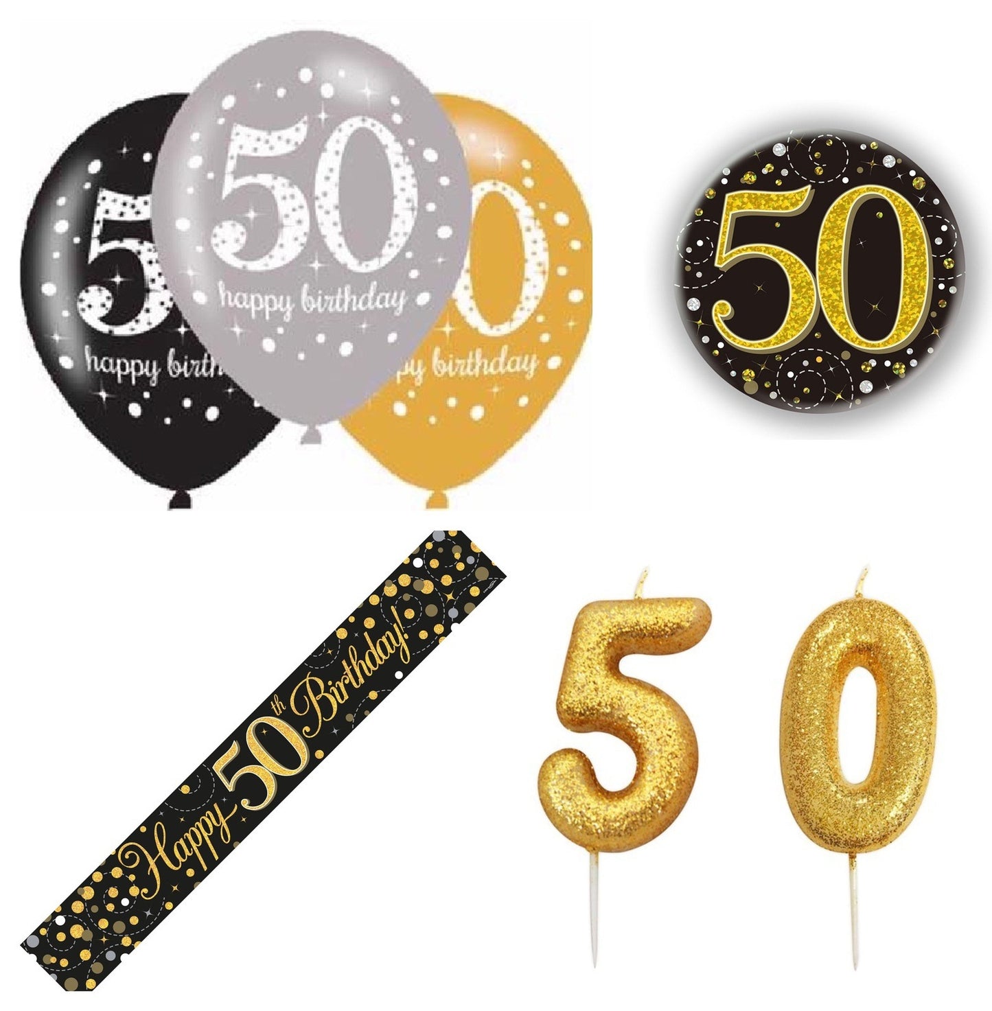 Black And Gold Bundle B Banner, Balloons, Candle, Badge Ages 16 to 100