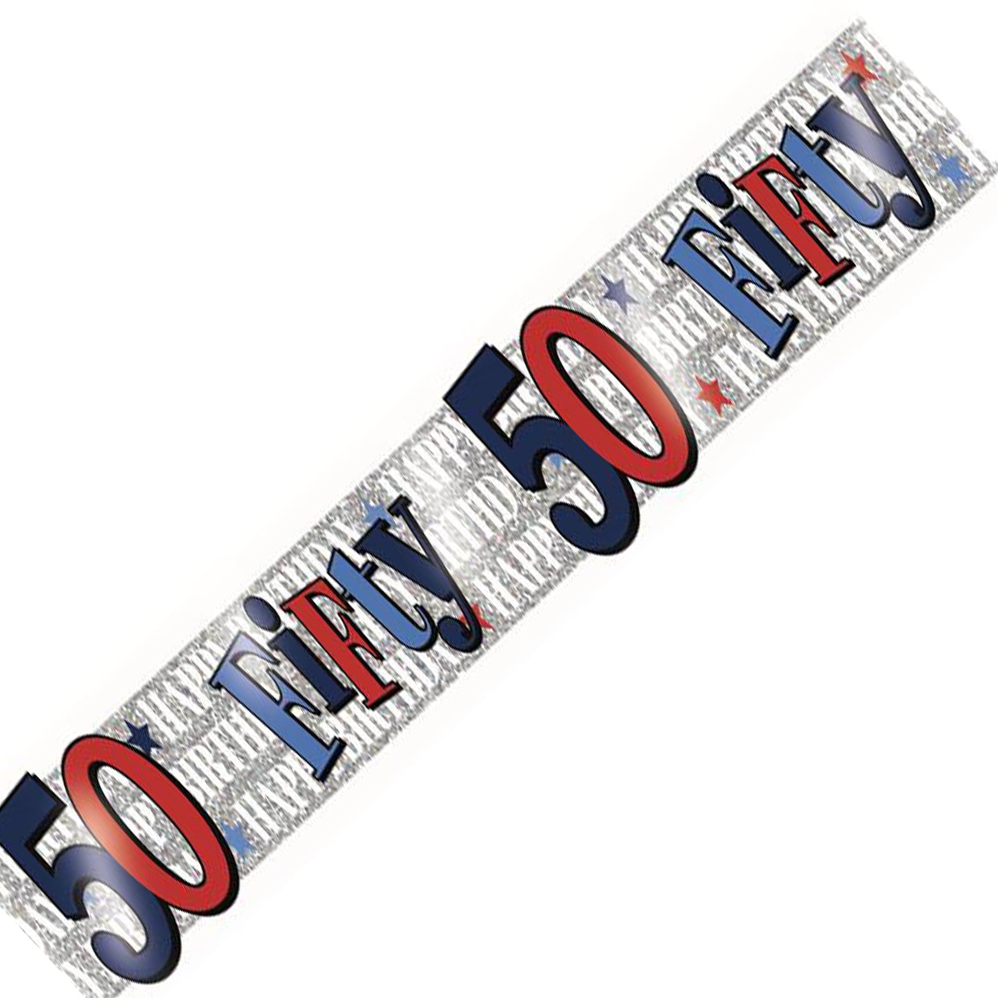 Age 50 Birthday Banner Blue, Red And Silver Holographic Recyclable 50th Birthday Party Banner