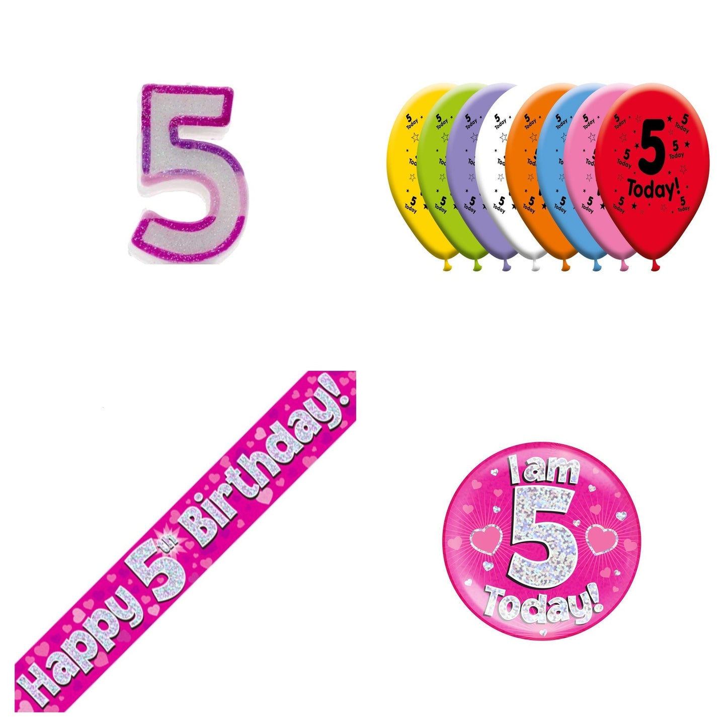 Pink Hearts Bundle B Banner, Balloons, Candle, Badge Ages 1 to 90