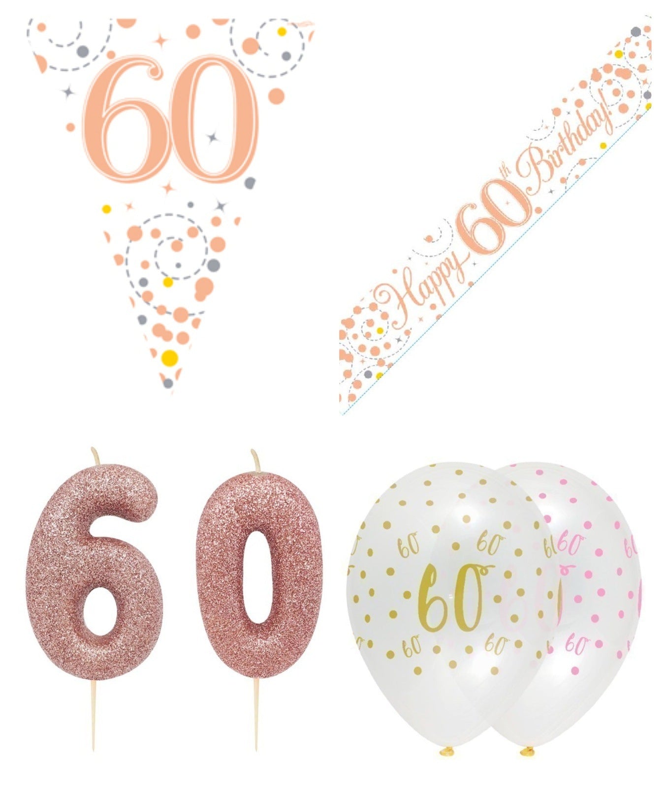 Rose Gold Bundle C Banner, Balloons, Candle, Bunting Ages 16 to 90