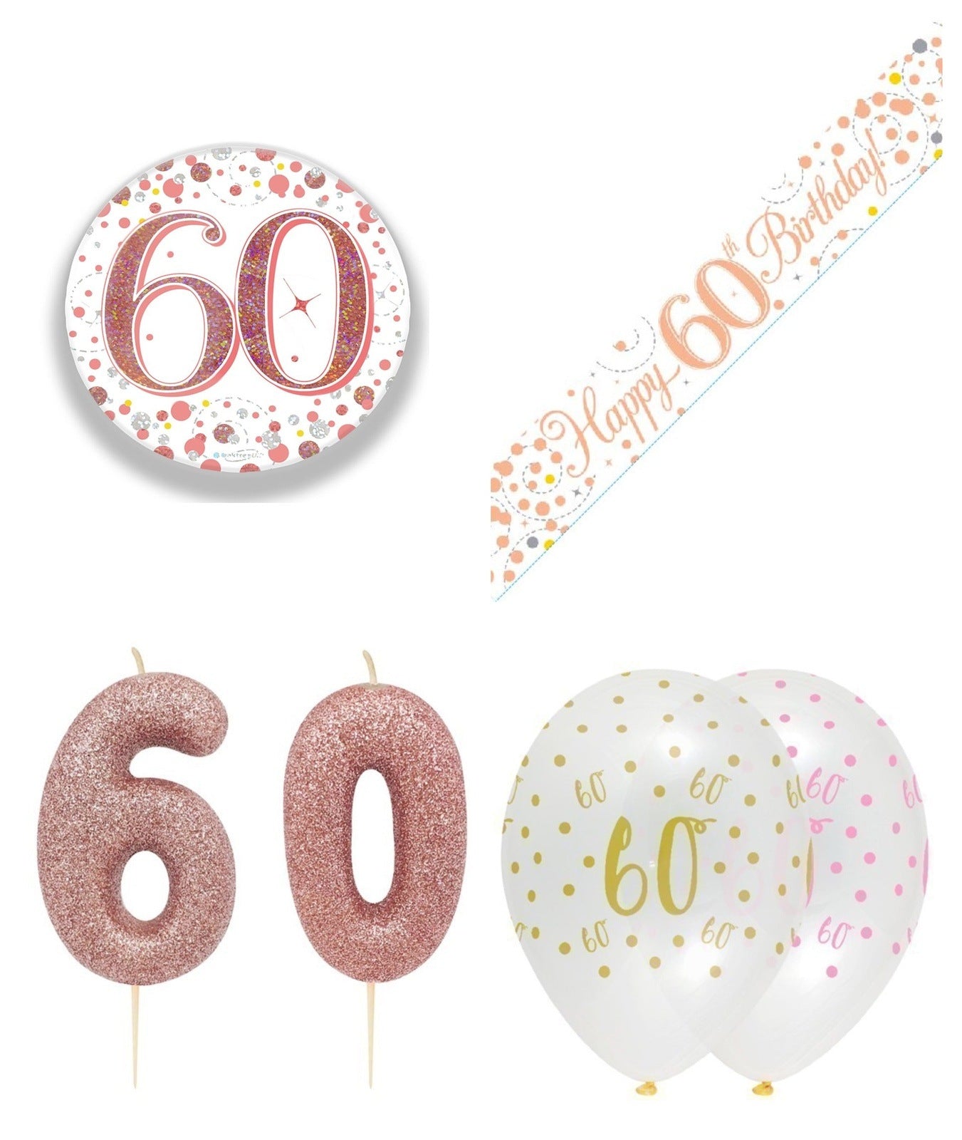 Rose Gold Bundle B Banner, Balloons, Candle, Badge Ages 16 to 90