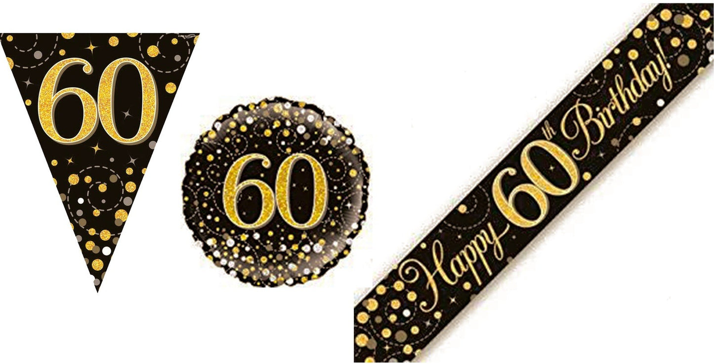 Black And Gold Bundle D Banner, Bunting, Foil Balloon Ages 16 to 90